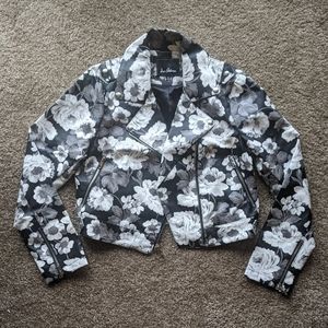 Sam Edelman Floral Cropped Faux Leather Jacket Black and White M